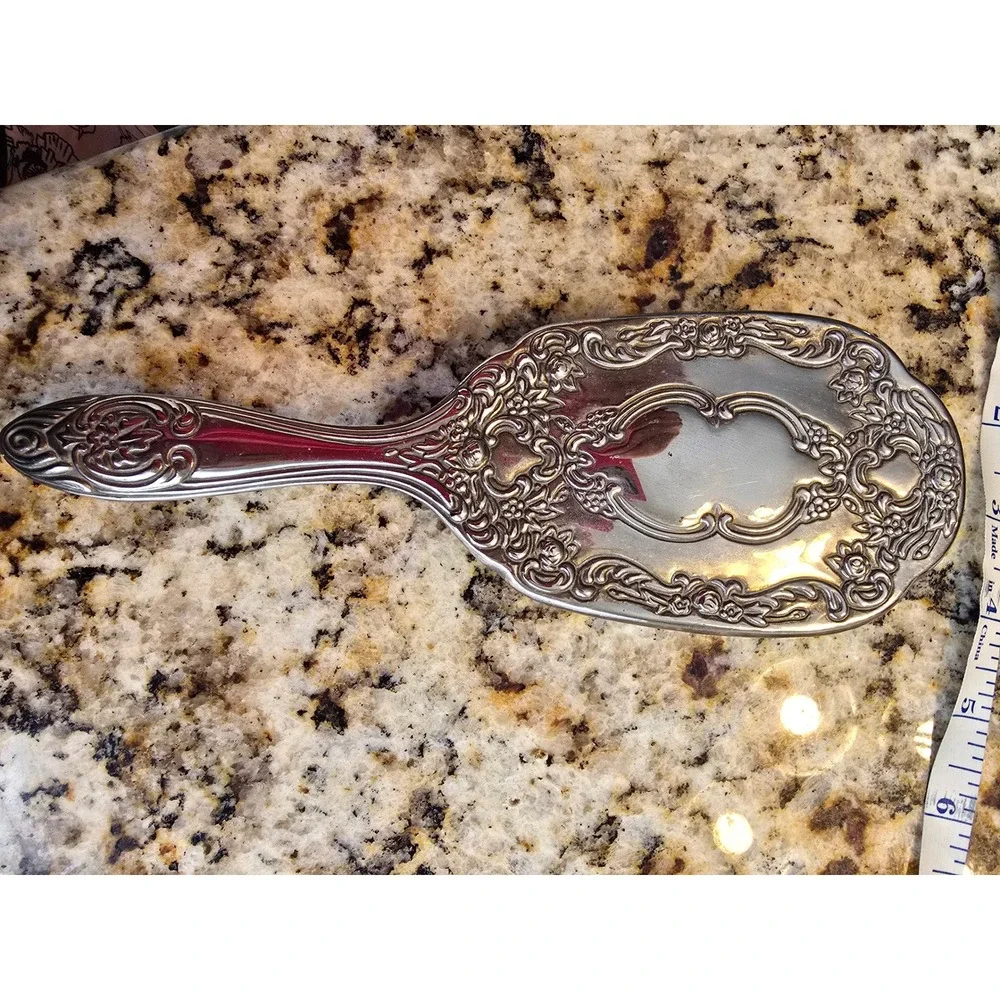 Vintage Silver Tone Ornate Floral Hair Brush Victorian Style Vanity Decor 8.25in